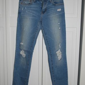 Red engine, distressed denim, stretch, skinny fit